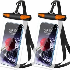 Waterproof Phone Pouch, Waterproof Phone Case with Lanyard for iPhone, Samsung, IPX8 Cellphone Beach Dry Bag Kayak Cruise Ship Essentials 2Pack-7.5″ Black Orange