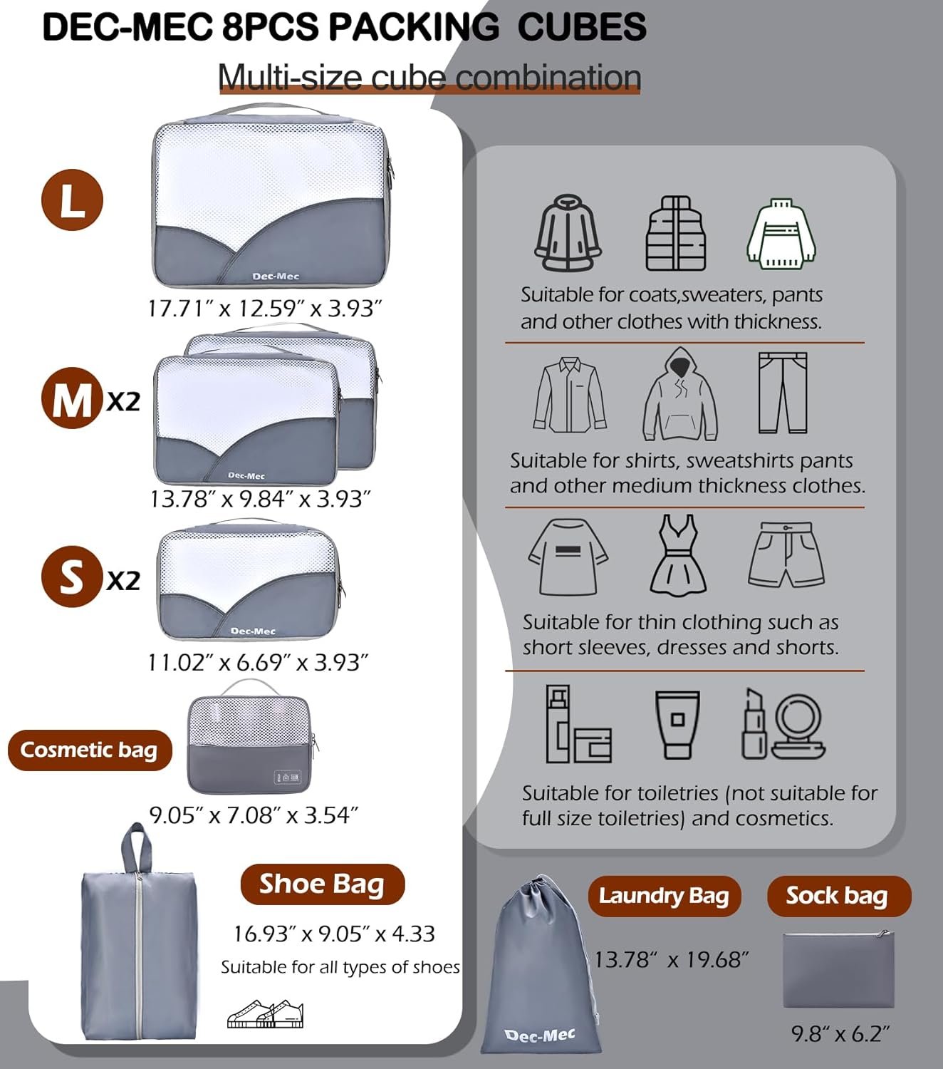 8 Set Packing Cubes for Travel (L,M,S,XS)-Suitcases Organizer Set for Travel Accessories Travel Essentials, Luggage Packing Bags for Carry on Suitcase (8set, Grey) - Image 2