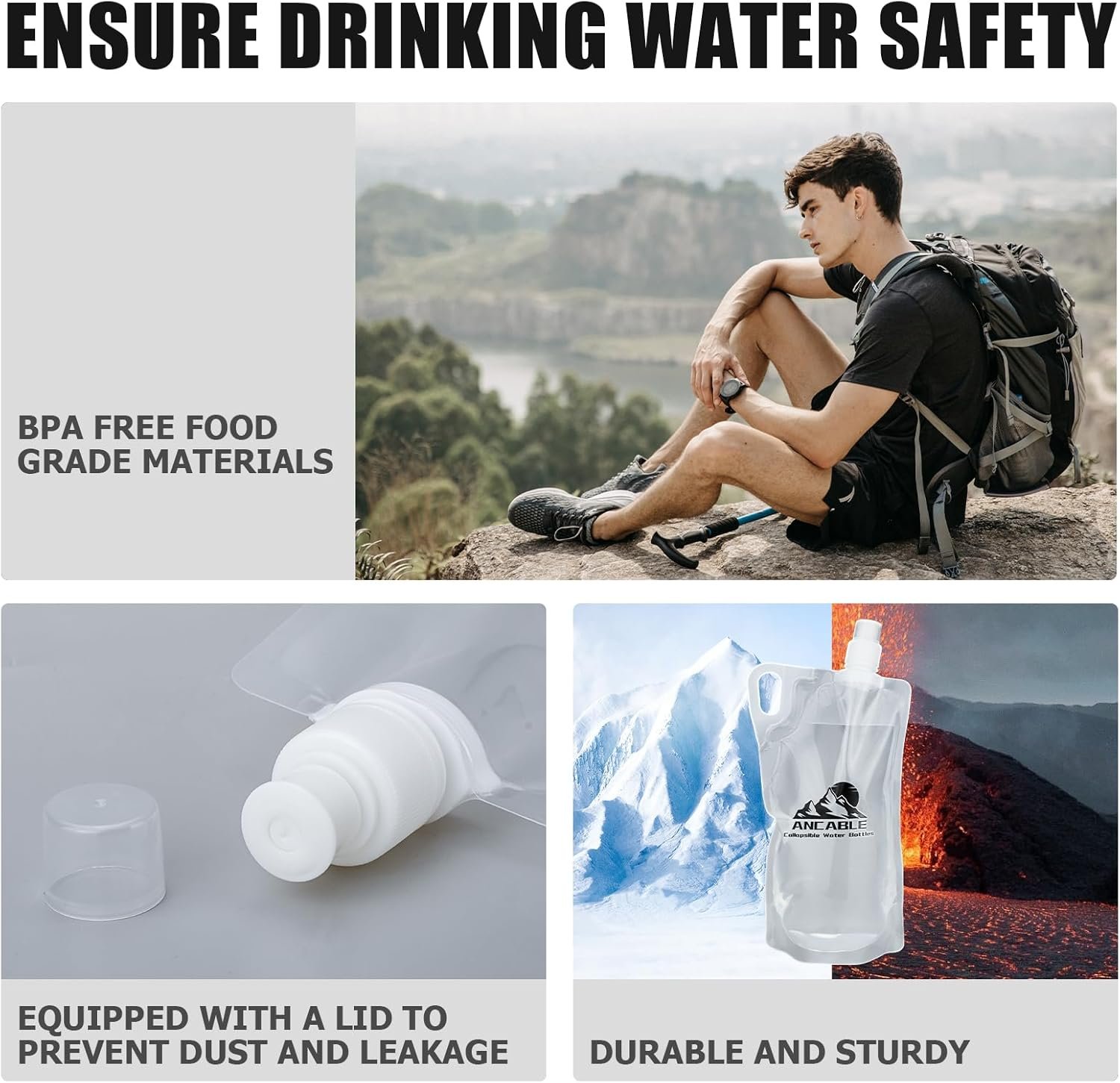 33oz Collapsible Water Bottles, 3-Pack Reusable Travel Foldable Water Bottles for Hiking Camping Running Bike, BPA-Free Water Bottle - Image 4