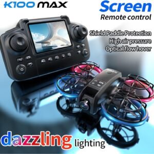 K100 Mini Drone with Screen Controller with SD Card, Two-batteries, Optical Flow Positioning, All-round Protection for Flight Paddles, Suitable for Beginner. (2 batteries – Black)