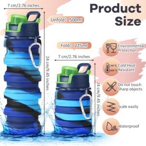 Sunnyray 14 Pack Collapsible Water Bottles Travel 17oz Silicone Portable Foldable Bottles Leak Proof Reusable Sports Cups with Clip for Camping Hiking Cycling Outdoor(Dark Color)