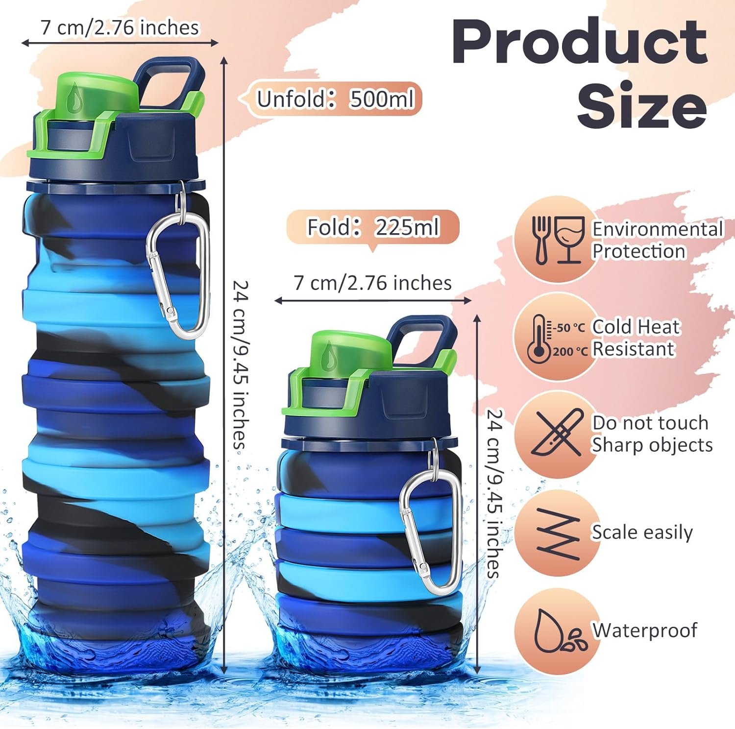 Sunnyray 14 Pack Collapsible Water Bottles Travel 17oz Silicone Portable Foldable Bottles Leak Proof Reusable Sports Cups with Clip for Camping Hiking Cycling Outdoor(Dark Color) - Image 2