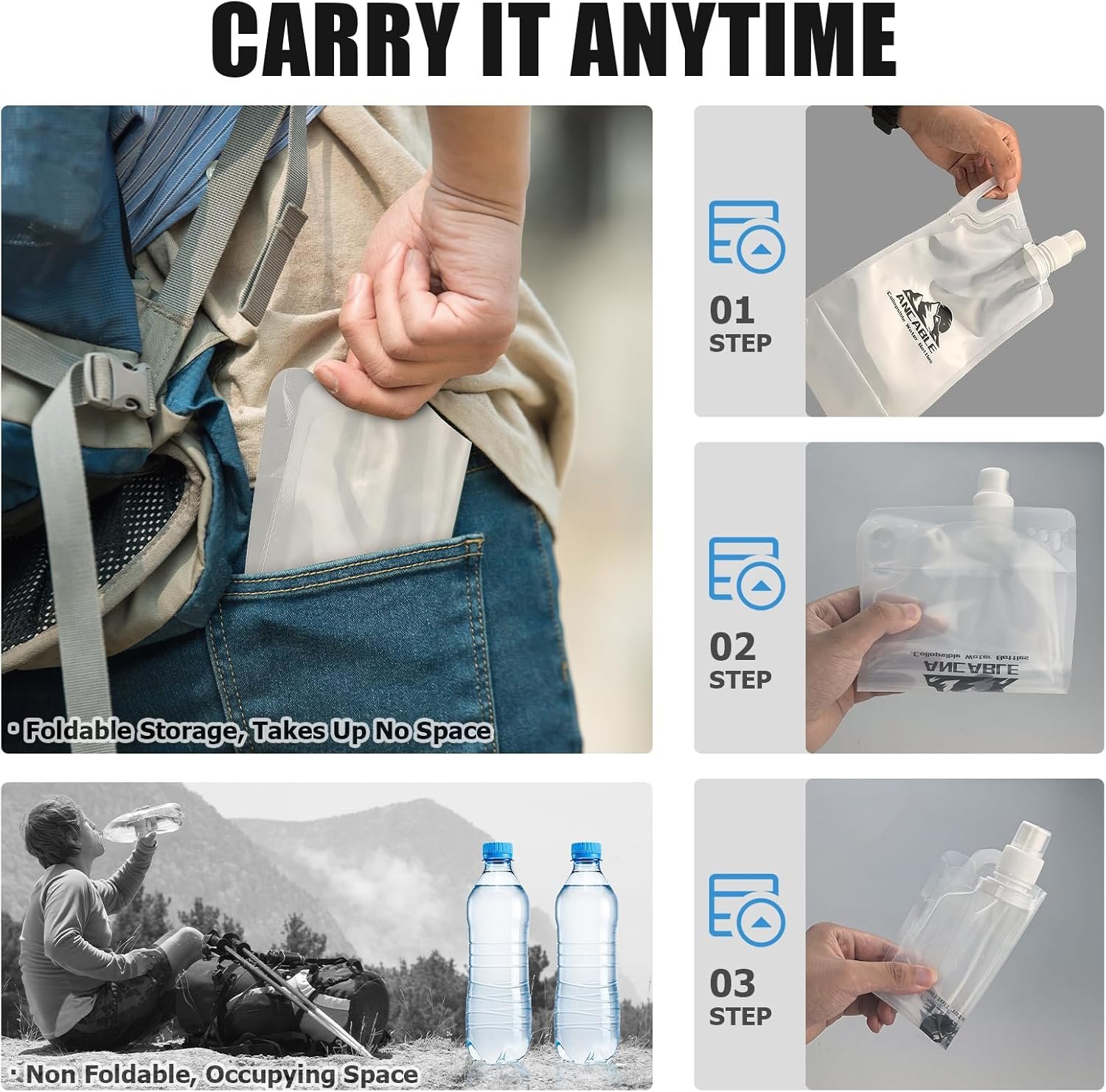 33oz Collapsible Water Bottles, 3-Pack Reusable Travel Foldable Water Bottles for Hiking Camping Running Bike, BPA-Free Water Bottle - Image 3