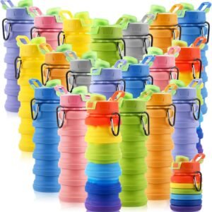 Sunnyray 20 Pack Collapsible Water Bottles Bulk Foldable Water Bottles 17oz Silicone Portable Leak Proof Reusable Sports with Clip for Travel Hiking Camping Outdoor(Colorful)