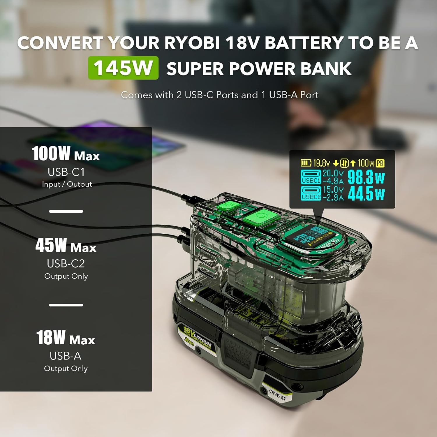 SYMIK 100W Charger & 145W Power Source for Ryobi 18V Batteries, Advanced Two-Way Charger & Portable Power Station w/OLED Screen for Ryobi 18 Volt Li-ion, USB-C & USB-A Port (PSC Obsidian Black) - Image 5