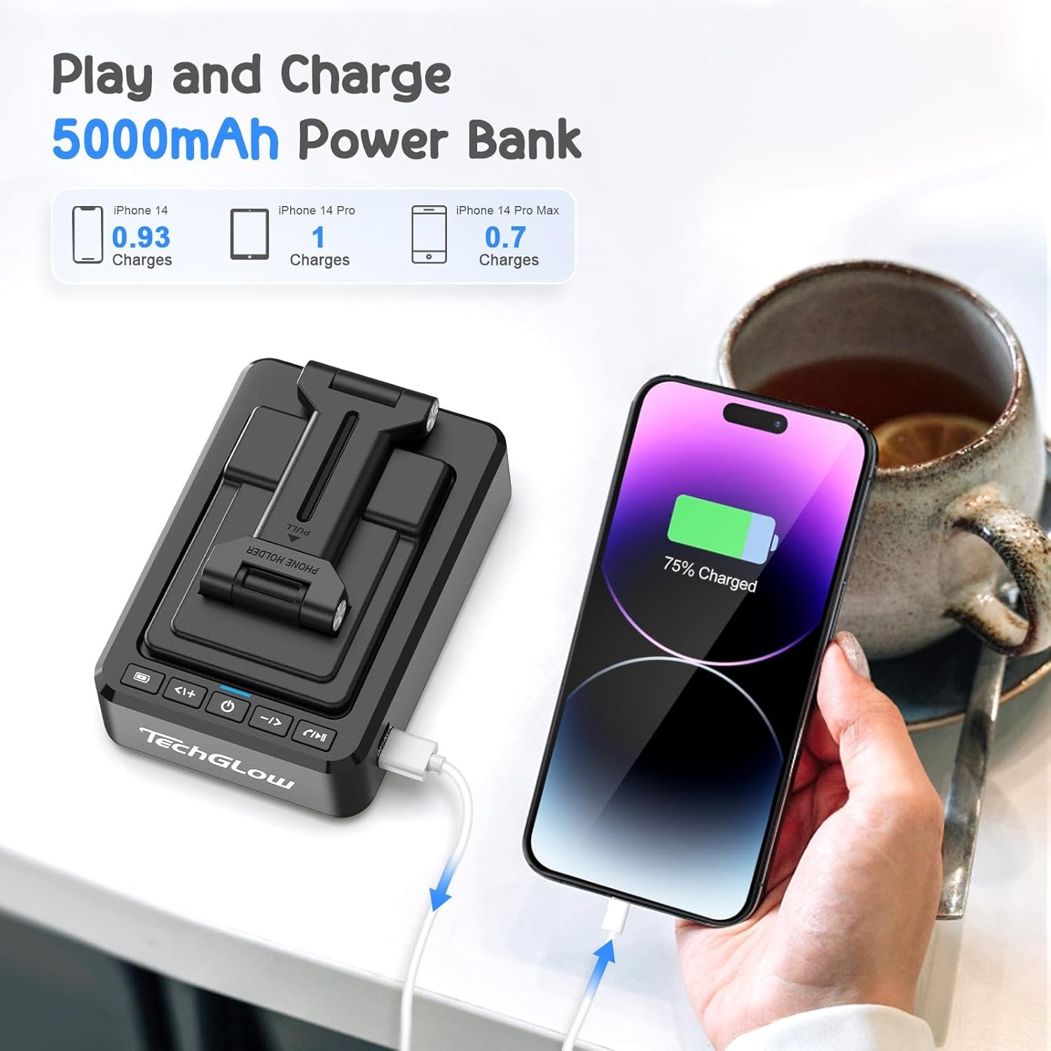 TechGlow Foldable Cellphone Stand with Bluetooth Speaker and Power Bank Birthday Gifts for Men Women Mother Father Boy Girl Teens Cool Tech Gadgets - Image 3