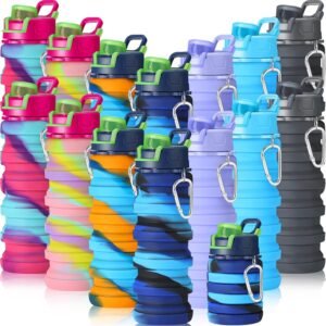 Sunnyray 14 Pack Collapsible Water Bottles Travel 17oz Silicone Portable Foldable Bottles Leak Proof Reusable Sports Cups with Clip for Camping Hiking Cycling Outdoor(Dark Color)