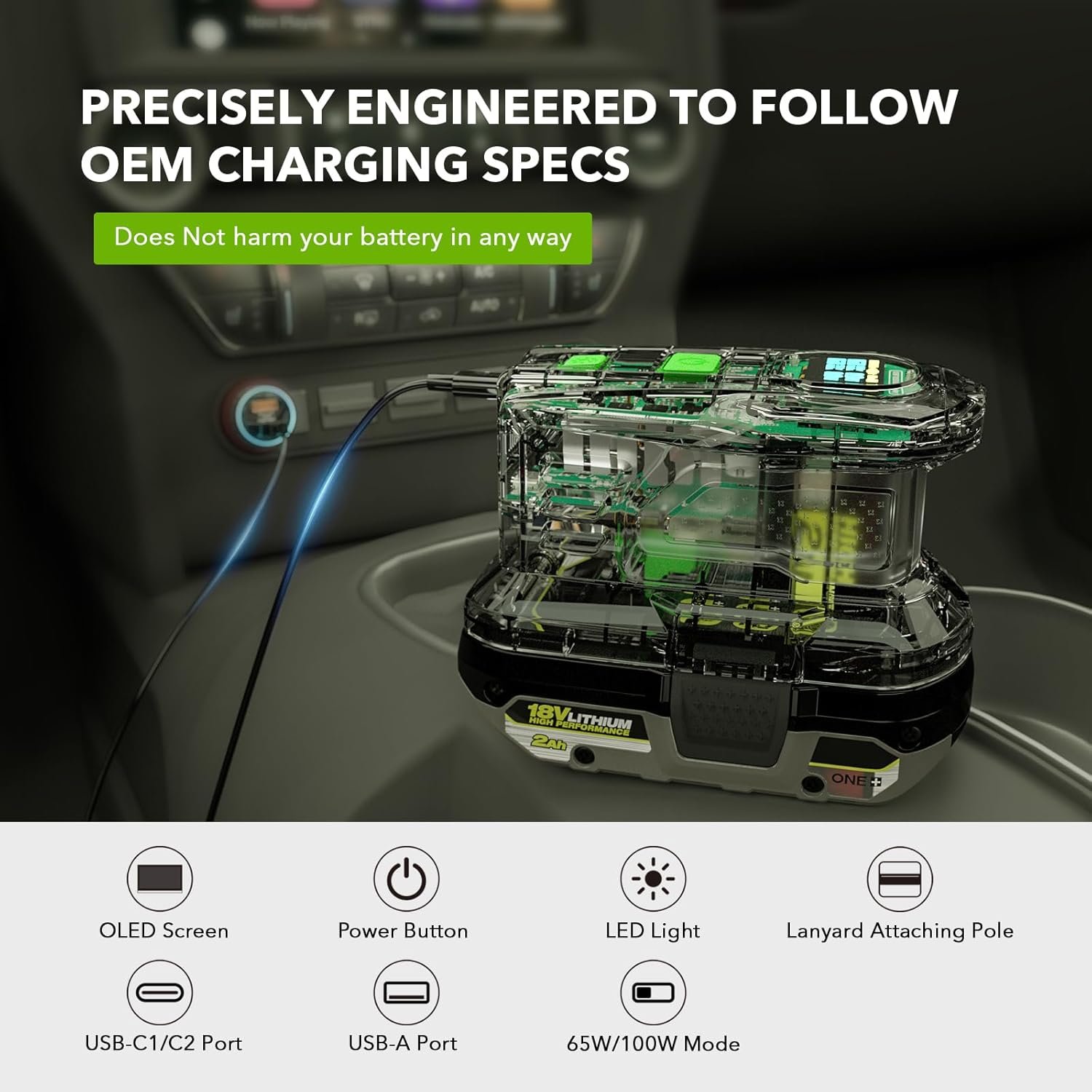 SYMIK 100W Charger & 145W Power Source for Ryobi 18V Batteries, Advanced Two-Way Charger & Portable Power Station w/OLED Screen for Ryobi 18 Volt Li-ion, USB-C & USB-A Port (PSC Obsidian Black) - Image 7