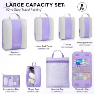 8 Set Compression Packing Cubes for Travel Essentials,Compressible Expandable Packing Cubes for Suitcase,OlarHike Luggage Organizer Bags for Travel,Handy Helper for Organizing Clothes(Light Purple)