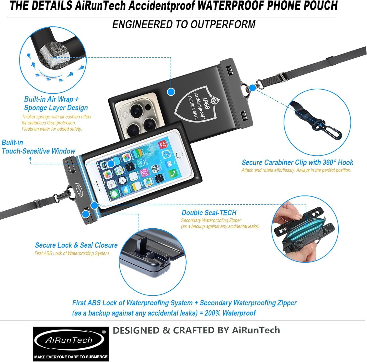 AiRunTech Waterproof Phone Pouch,Double Seal Floating Phone Case for Swimming Kayak Paddle Board,Protector iPhone 17 16 15 14 13, River Lake Canoe Boating Beach Accessories(Iridescent Pink+Black) - Image 6