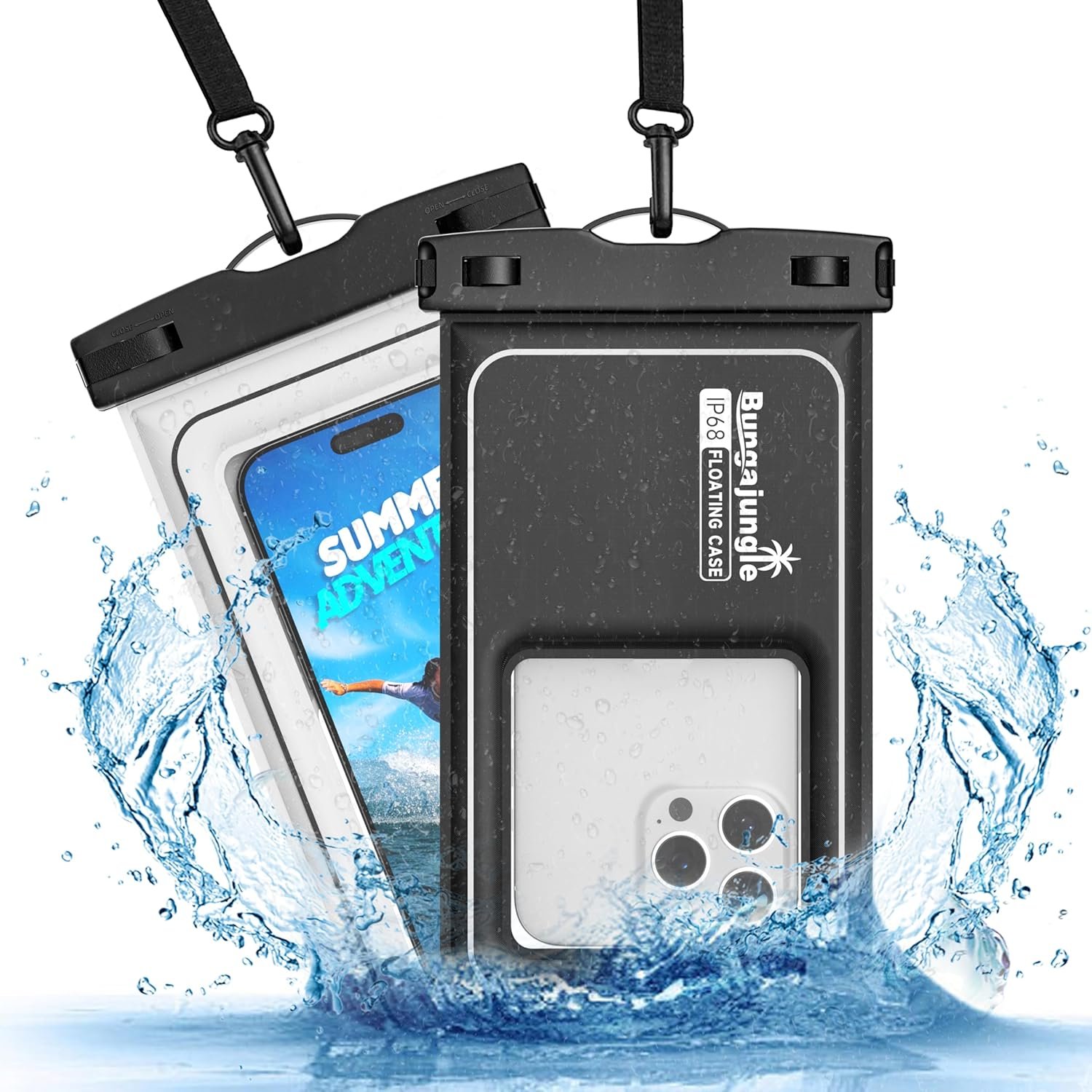 Waterproof Phone Pouch - 2 Pack IP68 Floating Waterproof Phone Case, Dry Bag Beach Cruise Essentials 2025 with Adjustable Lanyard for iPhone 16 Pro Max / 15 Pro / Galaxy S24 S23 (Black and White)