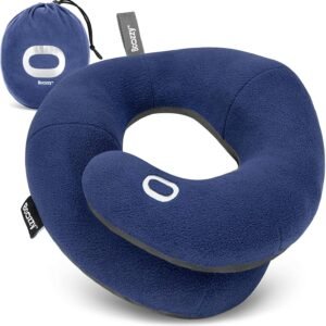 BCOZZY Travel Neck Pillow for Airplane – Patented Double Support for Head, Neck, and Chin. Best for Long Flights, Plane Sleeping, and Car Rides. Adjustable Size. Fully Washable. Carry Bag. Large, Navy