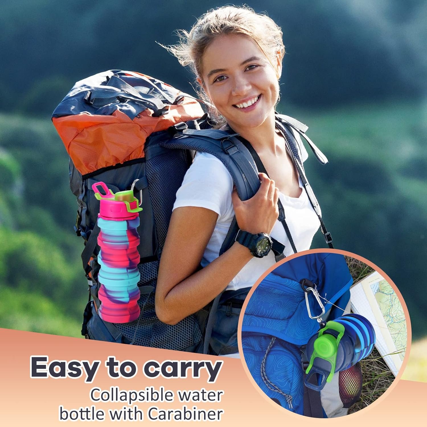 Sunnyray 14 Pack Collapsible Water Bottles Travel 17oz Silicone Portable Foldable Bottles Leak Proof Reusable Sports Cups with Clip for Camping Hiking Cycling Outdoor(Dark Color) - Image 4