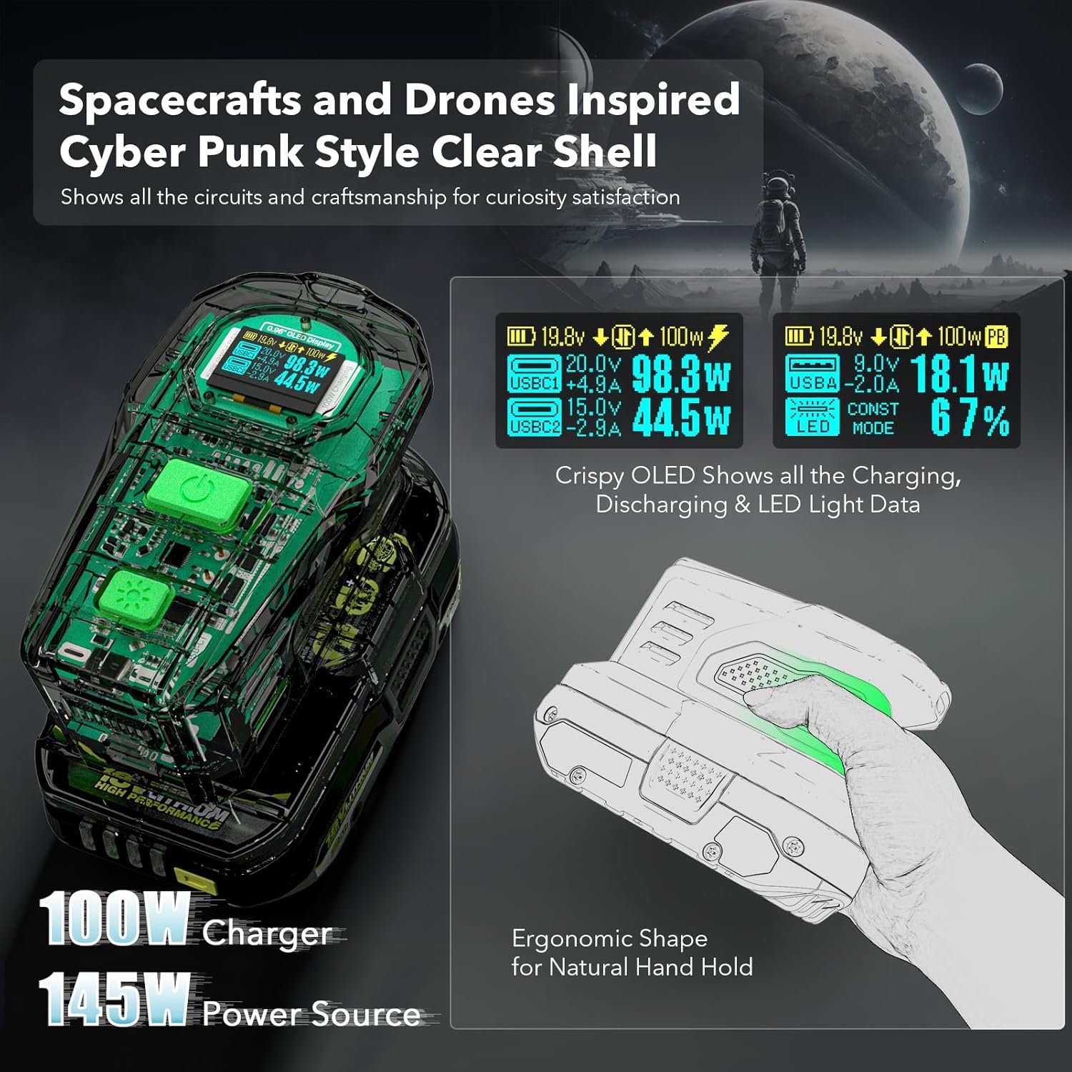 SYMIK 100W Charger & 145W Power Source for Ryobi 18V Batteries, Advanced Two-Way Charger & Portable Power Station w/OLED Screen for Ryobi 18 Volt Li-ion, USB-C & USB-A Port (PSC Obsidian Black) - Image 3