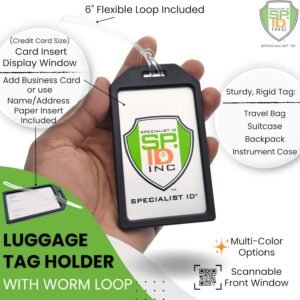 5 Pack – Premium Rigid Airline Luggage Tag Holders with 6″ Worm Loops – Heavy Duty Hard Plastic -Suitcase ID Tag Identifiers with Business Card Insert Window by Specialist ID (Black)