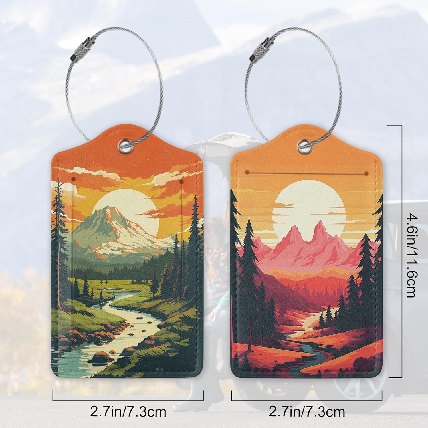 Vintage Mountain 2 Pack Luggage Tag for Suitcase, Cute Unique Leather Bag Tags Identifiers Privacy Cover ID Label with Durable Steel Loop for Women Men Kids Girls Travel - Image 2