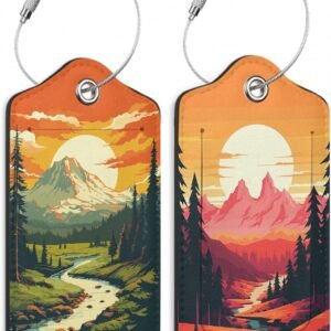 Vintage Mountain 2 Pack Luggage Tag for Suitcase, Cute Unique Leather Bag Tags Identifiers Privacy Cover ID Label with Durable Steel Loop for Women Men Kids Girls Travel