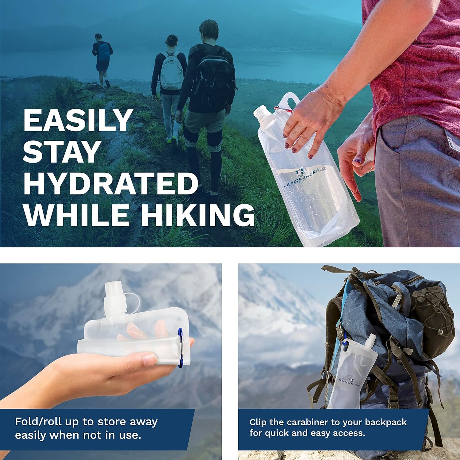 Survivor Filter Clear Collapsible Water Bottles - Travel, Hiking, Foldable, BPA-Free - 2 x - Image 3