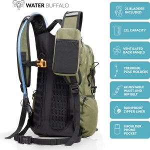 Water Buffalo Hydration Backpack – Sherpa 22L Hiking Backpack with Water Bladder – Water Backpack for Hiking with Waterproof Zippers, Phone & Pole Holders