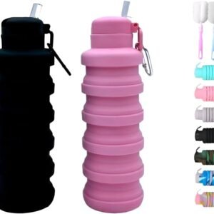 LIZADIN Collapsible water bottles 2 Pack with brush,BPA Free Travel Silicone Water Bottle with Carabiner,Reusable Foldable Portable Lightweight Sports bottles for Gym Camping Hiking (Black+Pink)