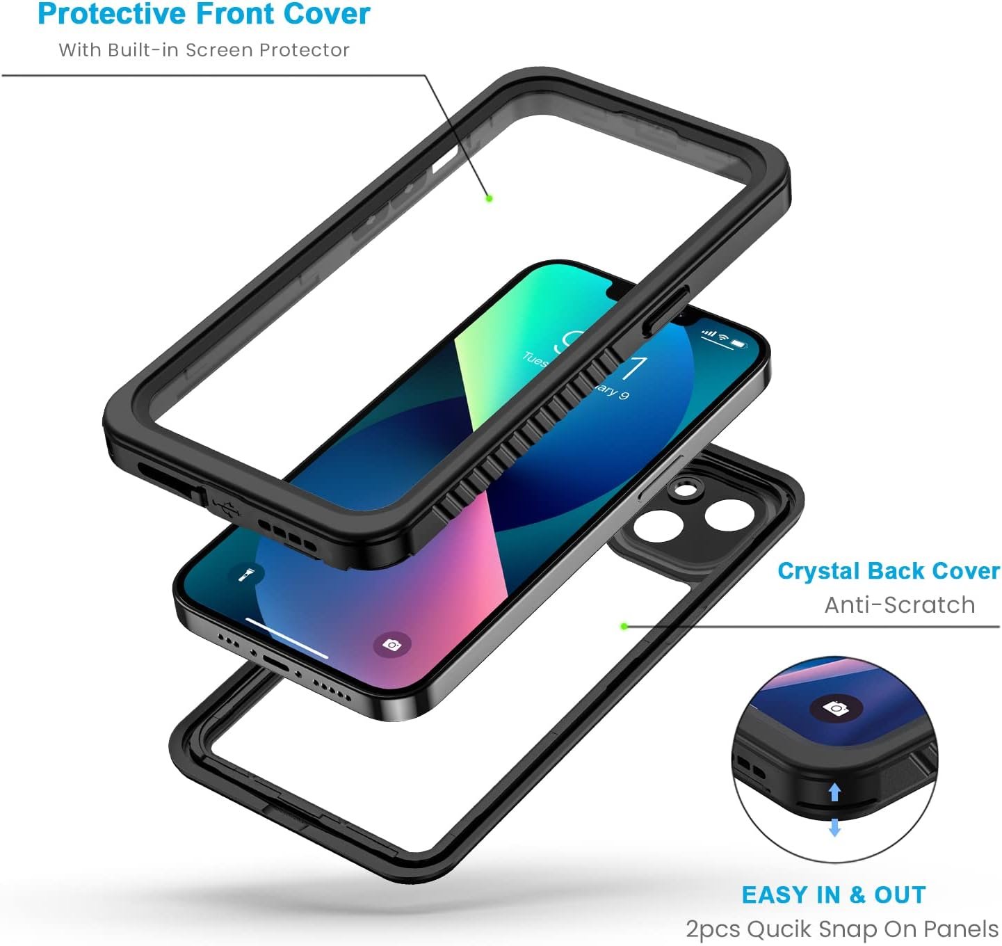 Lanhiem for iPhone 13 Case, IP68 Waterproof Dustproof Shockproof Cases with Built-in Screen Protector, Full Body Sealed Protective Front and Back Cover for iPhone 13, 6.1 inch (Black) - Image 3