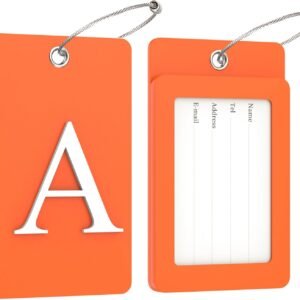Gostwo 2 Pack Luggage Tags for Suitcases, 26 Initial Letter Travel Luggage Baggage Identification Labels ID Tag Fully Bendable Tags with Stainless Steel Loop (Orange) (Letter A)