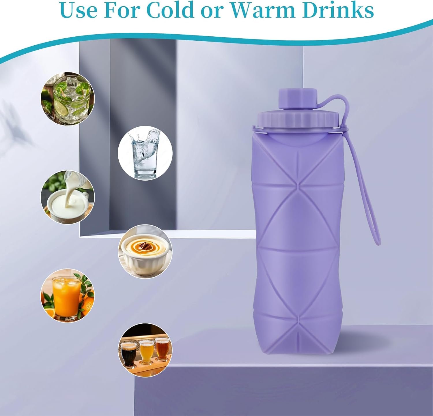 Silicone Collapsible Water Bottles,Lightweight Reusable Leakproof For Traveling Camping Hiking Cycling Sports Outdoor,Foldable Portable Travel Water Bottle 600ML Dark Grey And Purple 2Pack. - Image 3