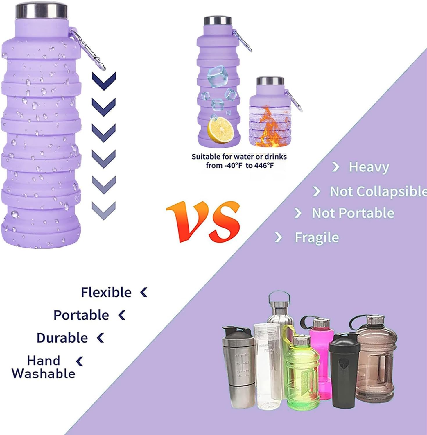 Collapsible Water Bottle,4 Pcs BPA Free Reuseable Silicone Foldable Leakproof 16oz Water Bottles,Portable Lightweight Water Bottles Carabiner for Travel Gym Camping,Hiking Sports - Image 4