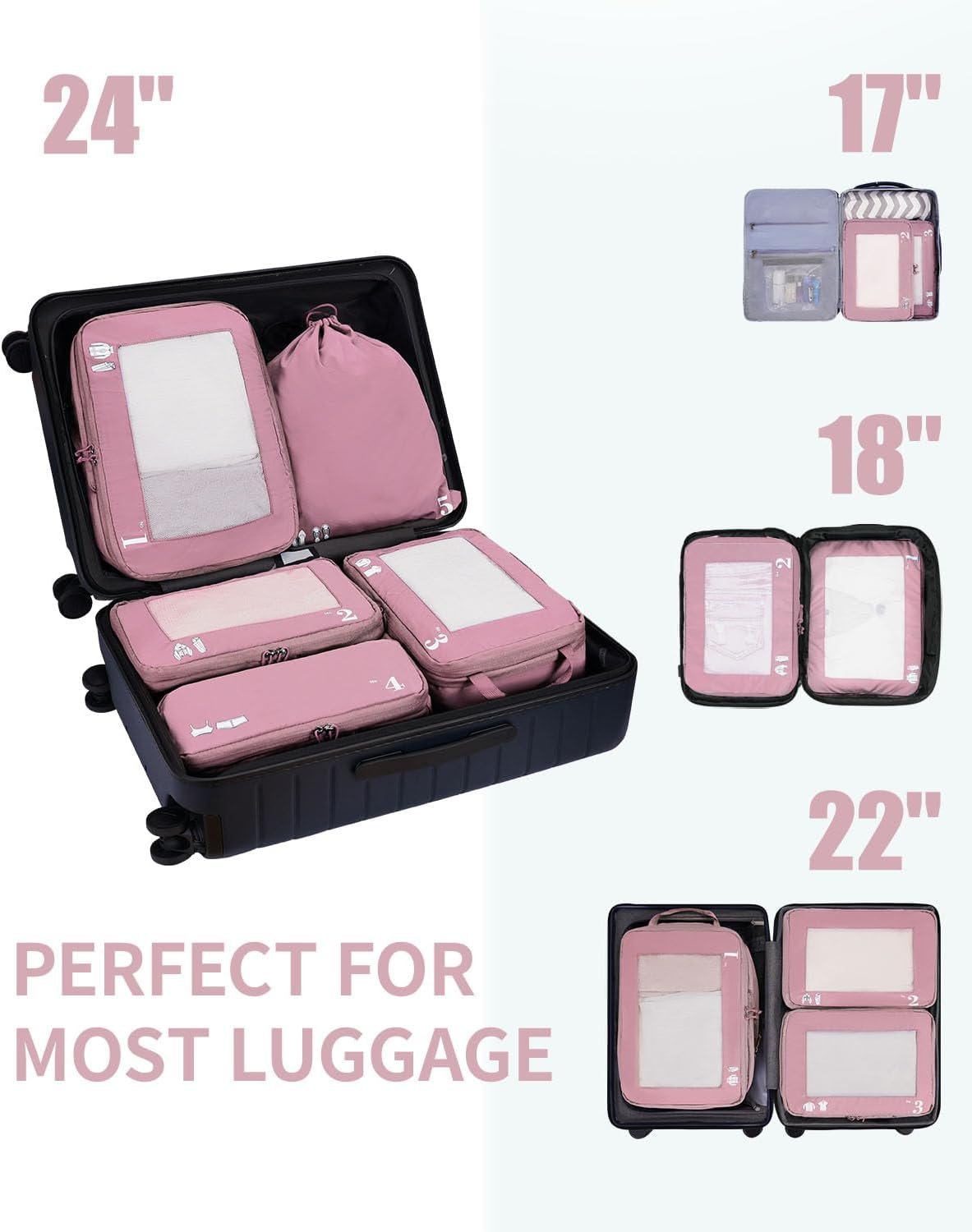 ECOHUB 5 Set Compression Packing Cubes for Suitcases Organiser Bags Set Travel Essentials with Shoe Bag for Traveling Tear-resistant Travel Accessories with ID Tag Expandable Packing Bags(Pink) - Image 7