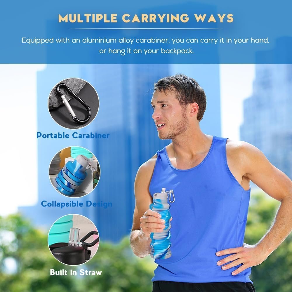 LIZADIN Collapsible water bottles 2 Pack with brush,BPA Free Travel Silicone Water Bottle with Carabiner,Reusable Foldable Portable Lightweight Sports bottles for Gym Camping Hiking (Black+Pink) - Image 6