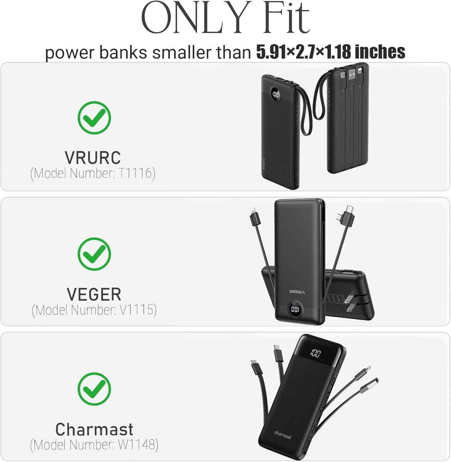 worfty Case for VRURC for VEGER for charmast Portable Power Bank Built-in Cables - Travel Protective Carrying Storage Bag (Case Only) (Black) - Image 2
