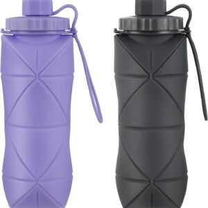 YCT Collapsible Silicone Travel Water Bottle 20oz (600ml), Reuseable Leakproof BPA Free Foldable Sports Bottle, with Carrying Strap, Dark Gray + Purple