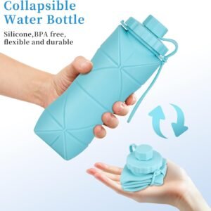 YCT Collapsible Silicone Travel Water Bottle 20oz (600ml), Reuseable Leakproof BPA Free Foldable Sports Bottle, with Carrying Strap, Dark Gray + Purple