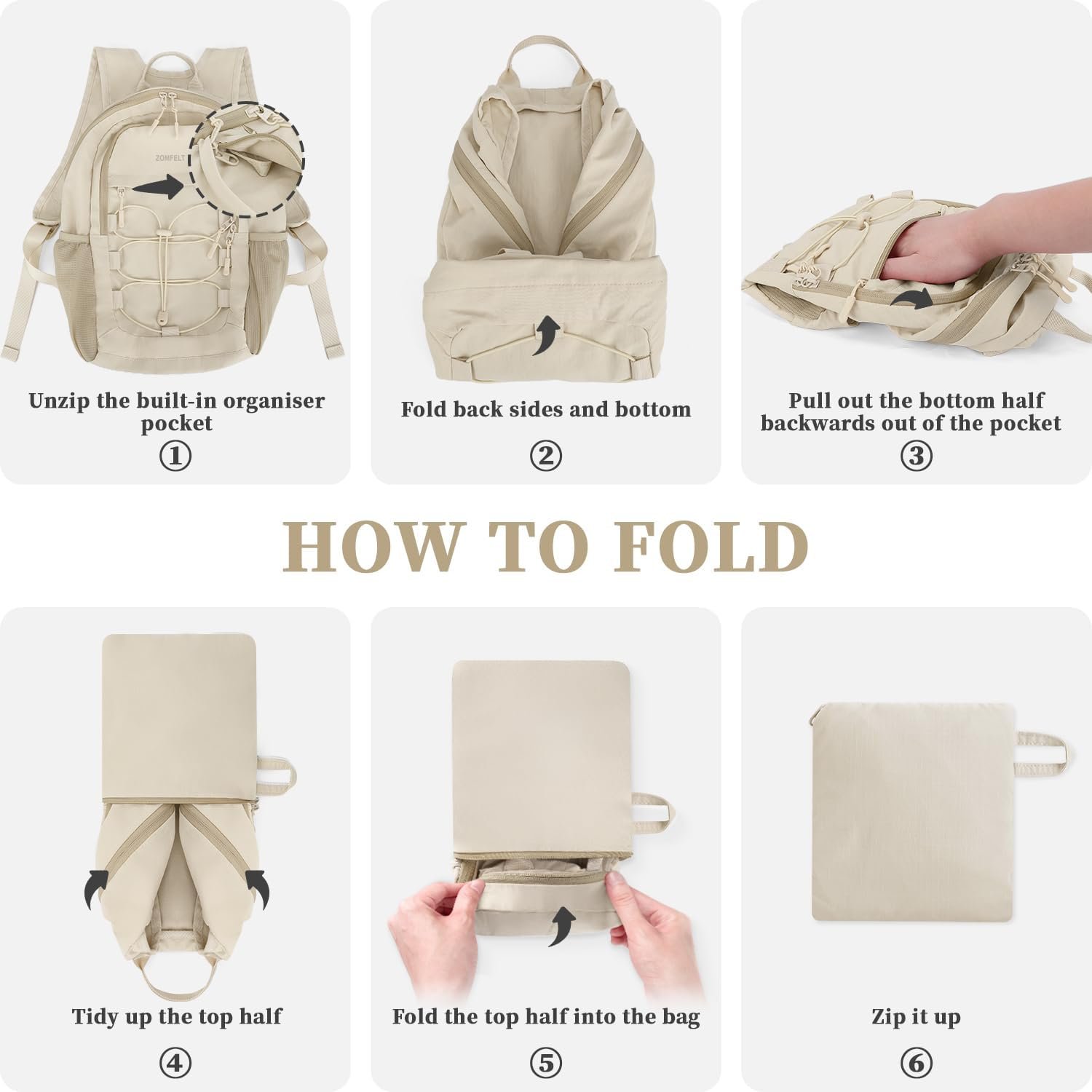 ZOMFELT Hiking Backpack for Women Men, 15L Lightweight Packable Backpack for Trip, Water Resistant Small Travel Backpacks, Foldable daypack for Hiking, Walking, Cycling, Camping, Beige - Image 7