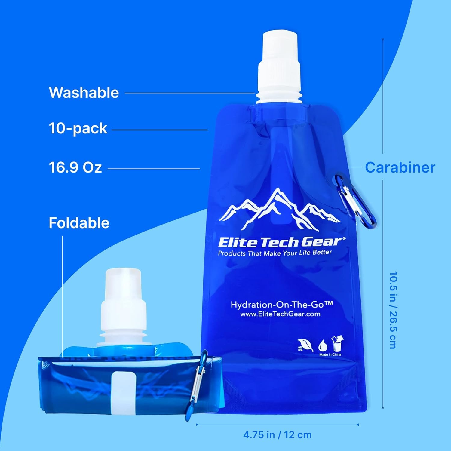 Elite Screens Collapsible Water Bottles - 10-Pack, 16.9 oz, Blue - Foldable & Reusable Water Bottle with Carabiner Strap for Hiking, Camping & Cycling - Long Flight Must-Haves & Theme Park Essentials - Image 4