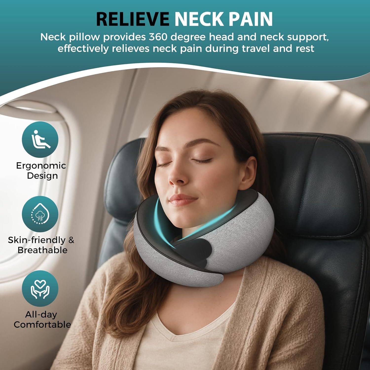 Travel Neck Pillows for Airplanes - 360° Ergonomic Memory Foam Travel Pillow - Relief Neck Pain with Breathable Support for Long Flights, Car, Train & Office Use - Adults & Kids (Light Gray) - Image 2