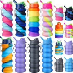 8 Pcs Collapsible Water Bottles Silicone Travel 16 oz Reusable Leakproof Foldable Water Bottles with Clip for Camping Hiking Cycling Travel Gym Yoga Outdoor Sports