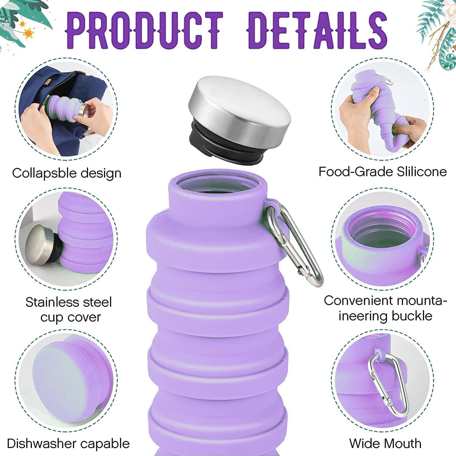 Collapsible Water Bottle,4 Pcs BPA Free Reuseable Silicone Foldable Leakproof 16oz Water Bottles,Portable Lightweight Water Bottles Carabiner for Travel Gym Camping,Hiking Sports - Image 2