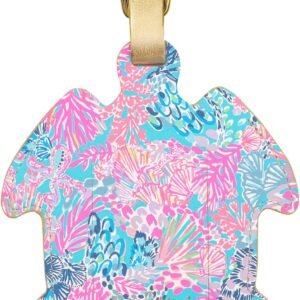 Lilly Pulitzer Turtle Shaped Luggage Tag with Secure Strap, Durable Vegan Leather, Colorful Suitcase Identifier for Travel, Splendor in The Sand