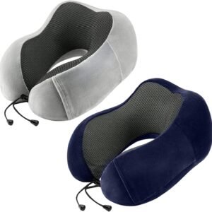 Travel Pillow for Airplane-2 Pack Memory Foam Neck Pillows, Soft Support Travel Essentials for Travelling, Sleeping Rest, Car, Train and Home Use(Grey&Blue)
