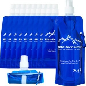 Elite Screens Collapsible Water Bottles – 10-Pack, 16.9 oz, Blue – Foldable & Reusable Water Bottle with Carabiner Strap for Hiking, Camping & Cycling – Long Flight Must-Haves & Theme Park Essentials