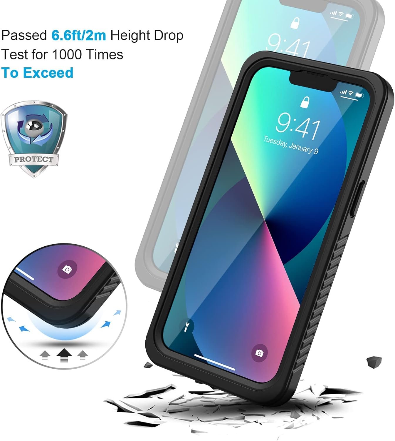 Lanhiem for iPhone 13 Case, IP68 Waterproof Dustproof Shockproof Cases with Built-in Screen Protector, Full Body Sealed Protective Front and Back Cover for iPhone 13, 6.1 inch (Black) - Image 4