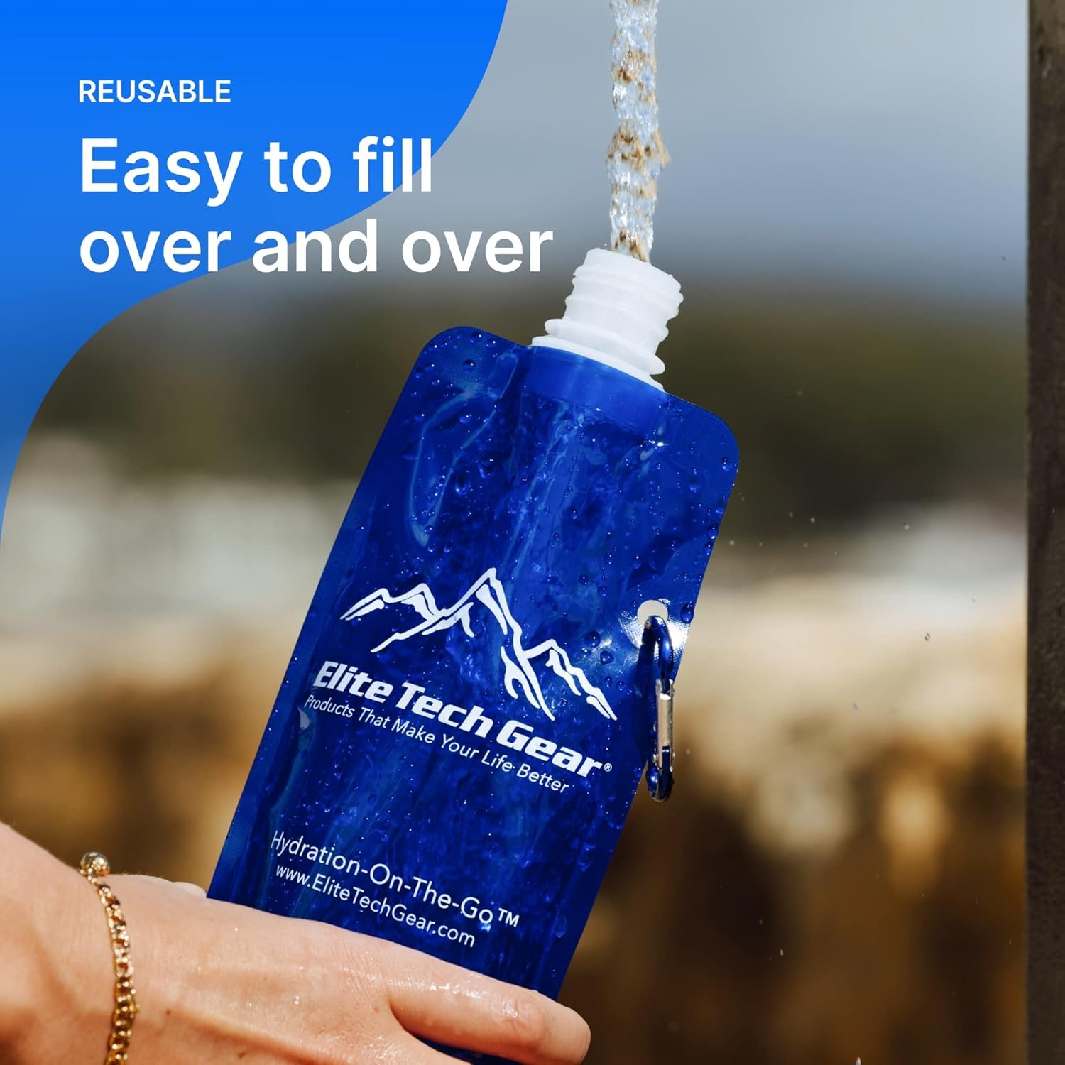 Elite Screens Collapsible Water Bottles - 10-Pack, 16.9 oz, Blue - Foldable & Reusable Water Bottle with Carabiner Strap for Hiking, Camping & Cycling - Long Flight Must-Haves & Theme Park Essentials - Image 6