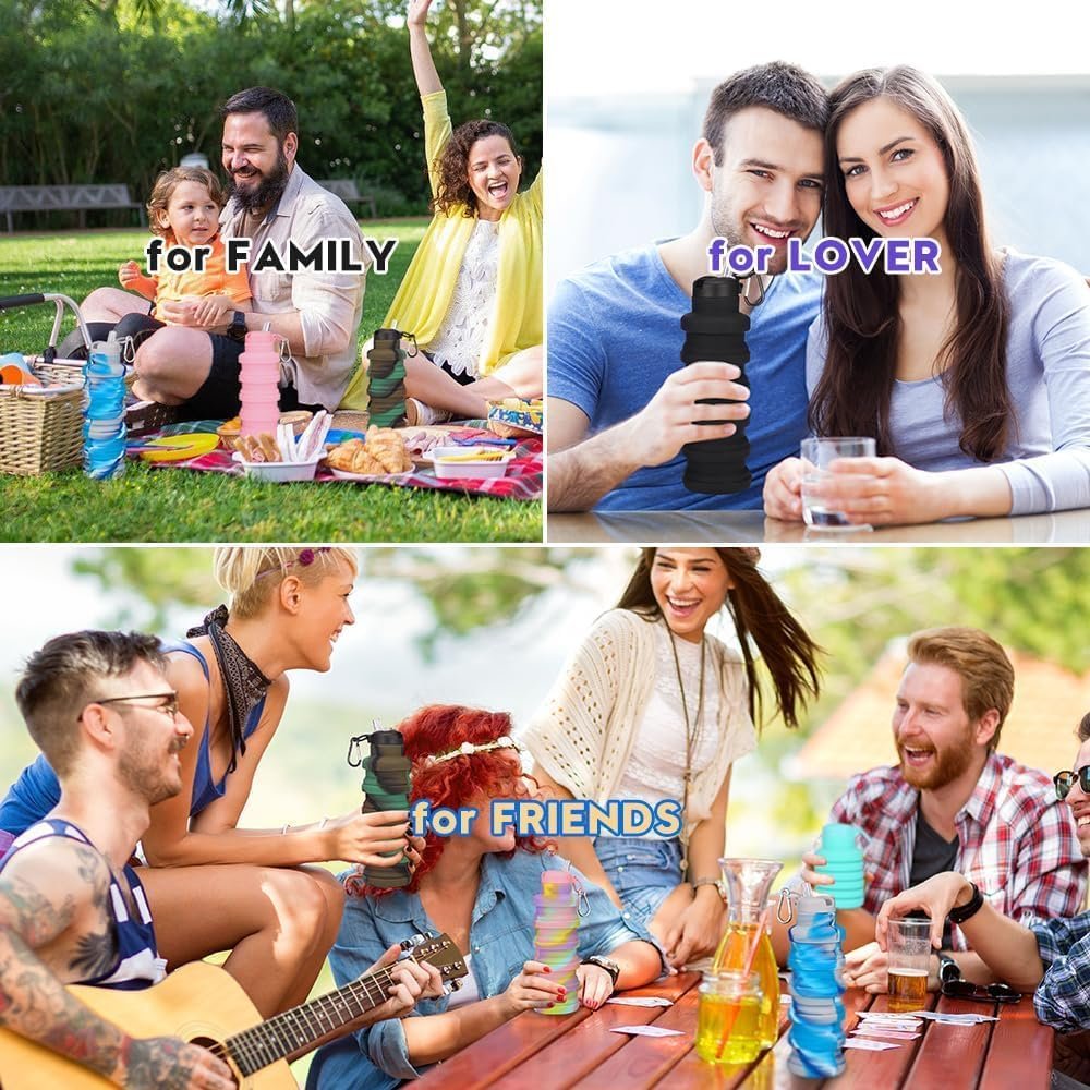 LIZADIN Collapsible water bottles 2 Pack with brush,BPA Free Travel Silicone Water Bottle with Carabiner,Reusable Foldable Portable Lightweight Sports bottles for Gym Camping Hiking (Black+Pink) - Image 7