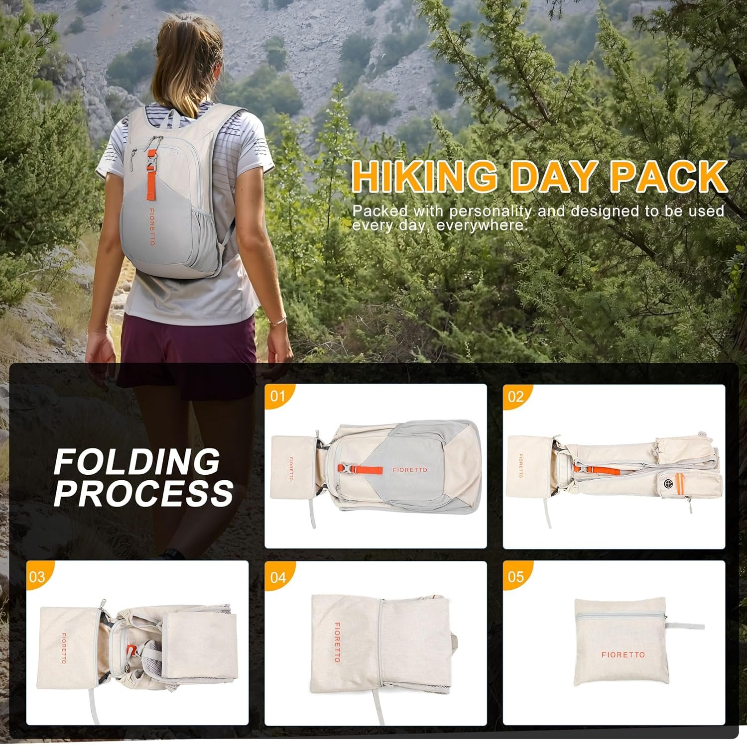 FIORETTO 15L Hiking Backpack for Women Men Mini Packable Backpack Lightweight Small Daypack for Camping Travel Outdoor, Beige - Image 9