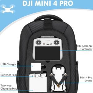 Mini 4 Pro Case, Mini 3/4 Pro Waterproof Hard Carrying Case, Large Drone Bag Fits 15.6 Inch Laptop, Travel Backpack for DJI RC 2/RC/N3/N2/N1 Controller, Fly More Combo and Drone Accessories