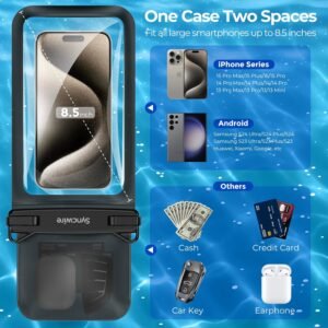 SYNCWIRE Waterproof Phone Case, 2-Pack IPX8 Double Space Waterproof Phone Pouch for iPhone 15 14 13 12 Pro Max XR X SE 2022 8 Samsung S24 S23 S22 Ultra S21 Phones Under 8.5 Inch – Black