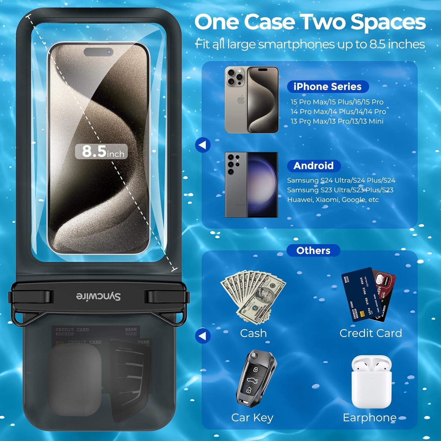 SYNCWIRE Waterproof Phone Case, 2-Pack IPX8 Double Space Waterproof Phone Pouch for iPhone 15 14 13 12 Pro Max XR X SE 2022 8 Samsung S24 S23 S22 Ultra S21 Phones Under 8.5 Inch - Black - Image 2