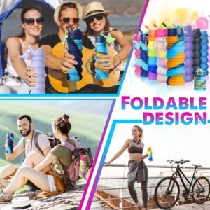 8 Pcs Collapsible Water Bottles Silicone Travel 16 oz Reusable Leakproof Foldable Water Bottles with Clip for Camping Hiking Cycling Travel Gym Yoga Outdoor Sports