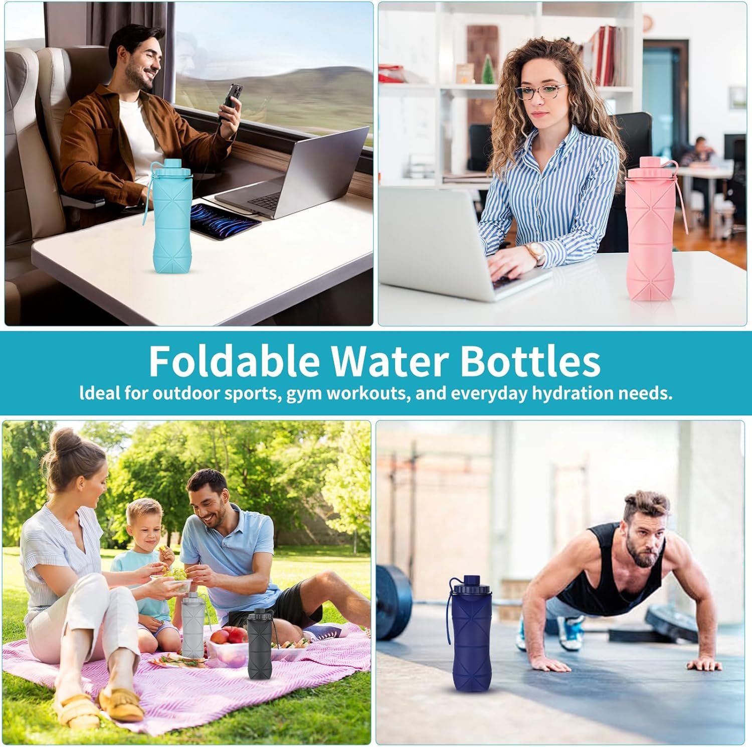 Silicone Collapsible Water Bottles,Lightweight Reusable Leakproof For Traveling Camping Hiking Cycling Sports Outdoor,Foldable Portable Travel Water Bottle 600ML Dark Grey And Purple 2Pack. - Image 5